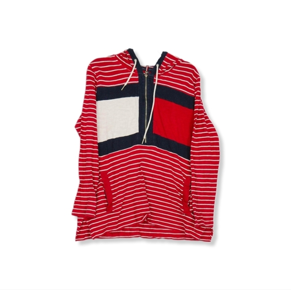 Tommy Hilfiger Women's Plus Size Striped hooded 3/4 zip Sweater - Picture 3 of 4